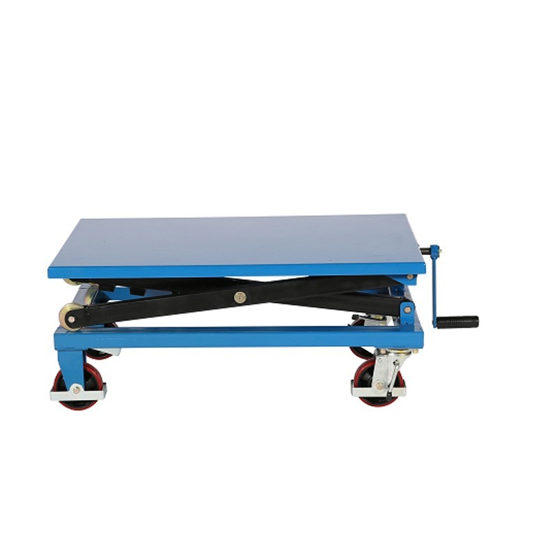 Vista de perfil de la mesa elevadora con manivela azul 300kg plataforma baja