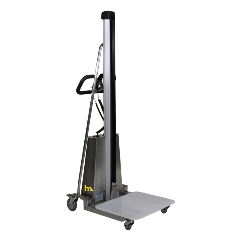 Vista frontal del Apilador Semi Eléctrico INOX 150Kg Posicionador de Trabajo con la bandeja bajada