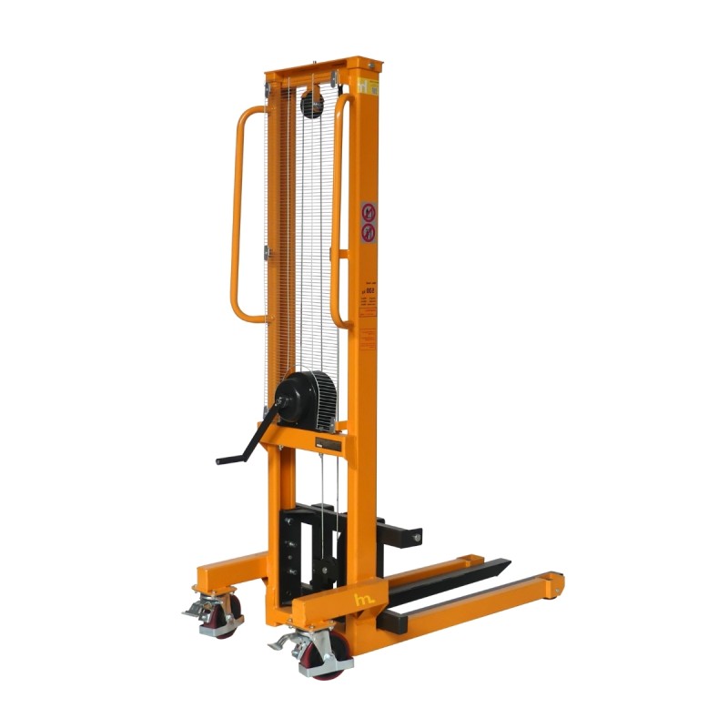 Vista frontal 3/4 del apilador manual con manivela 500 kg – Horquillas regulables - Elevación 1500 mm
