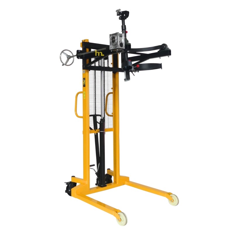 Vista en 3/4 del apilador Volteador De Bidones 450 Kg -  Uñas separación 850 mm para palets - Elevación 1600 Mm
