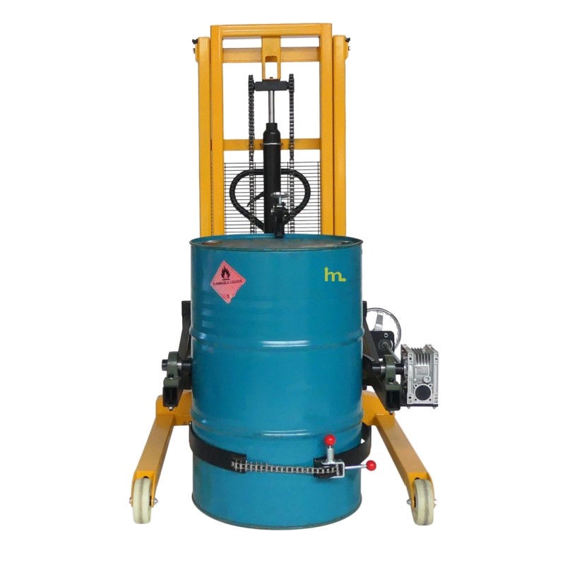 Vista frontal con bidon del apilador Volteador de bidones 450kg - Uñas separación 850 mm para palets - Elevación 2100 mm
