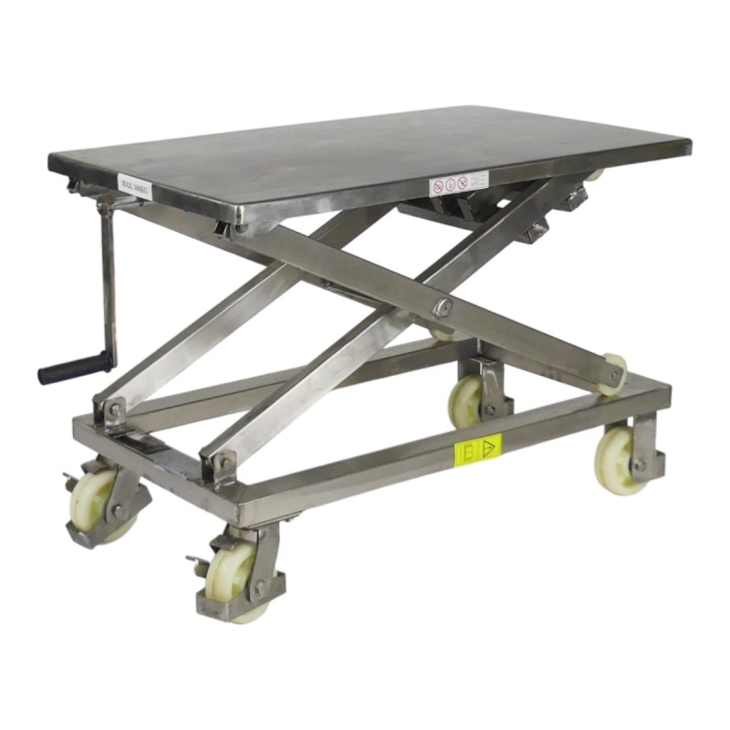 Vista 3/4 a media altura de la mesa elevadora manual con manivela INOX 300 kg