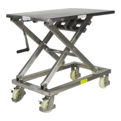 Vista general sobre mesa elevadora manual con manivela INOX 300 kg altur máxima