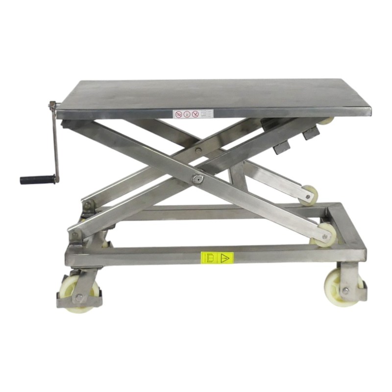 Vista lateral de la mesa elevadora manual con manivela INOX 300 kg