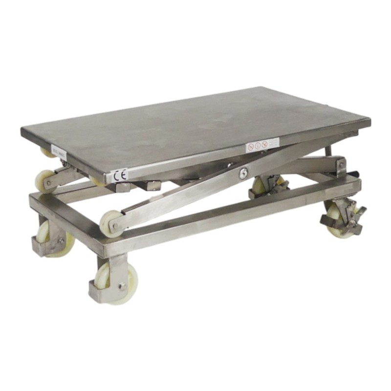 Vista 3/4 altura mínima de la mesa elevadora manual con manivela INOX 300 kg