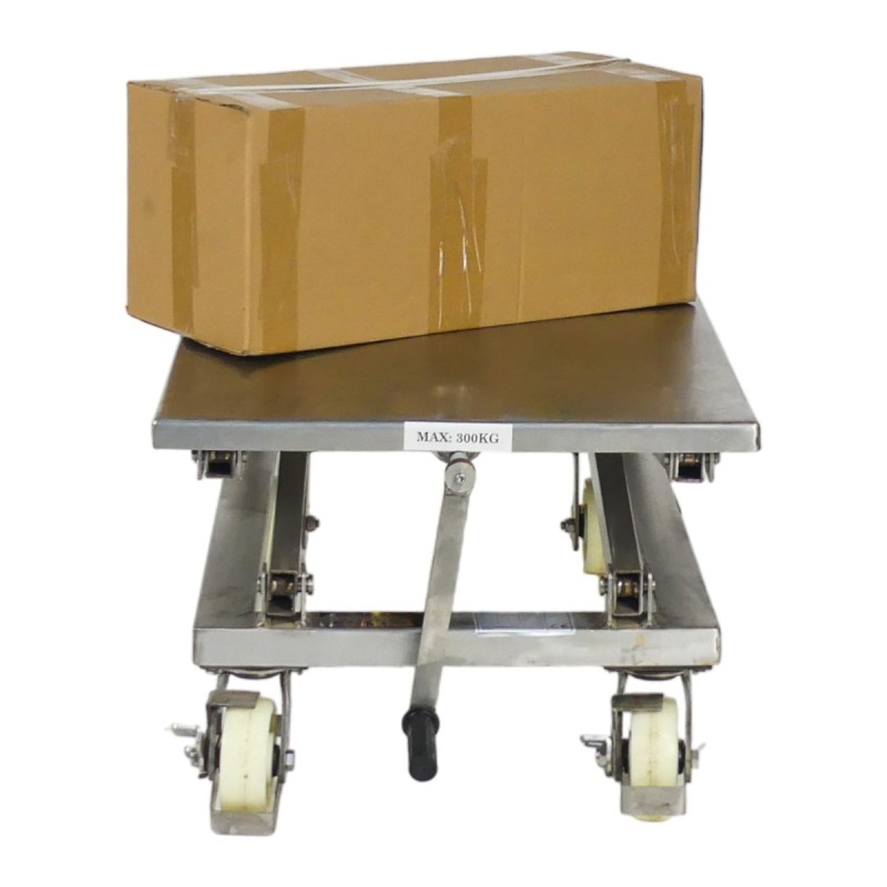 Vista frontal de la mesa elevadora manual con manivela INOX 300 kg