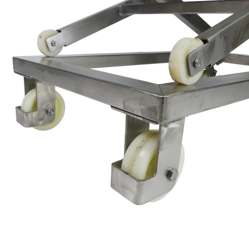 Zoom sobre las ruedas de la mesa elevadora manual con manivela INOX 300 kg