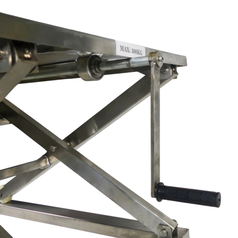 Zoom sobre la manivela de la mesa elevadora manual con manivela INOX 300 kg
