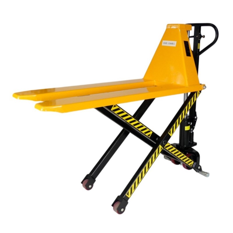 Vista 3/4 horquillas levantadas de la transpaleta elevadora manual 1500 kg - Elevación 800 mm