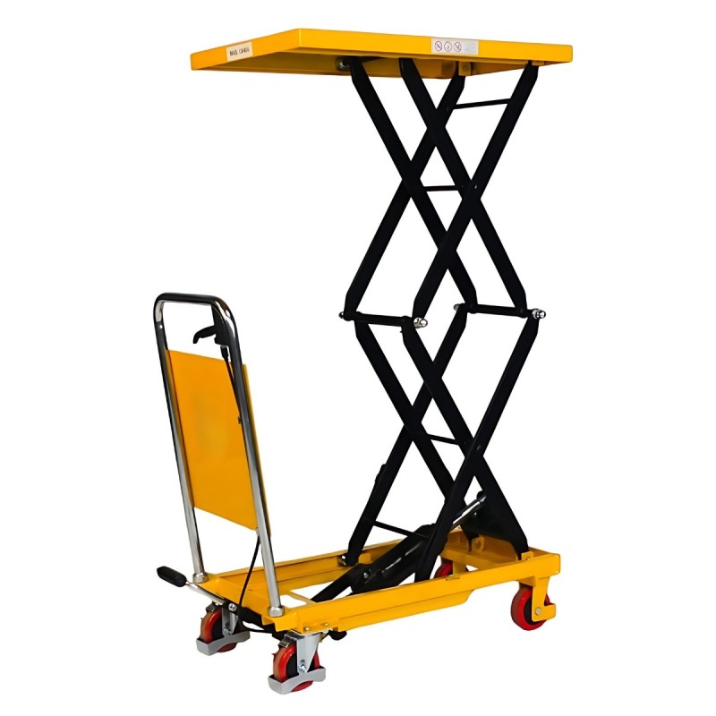 Vista lateral elevación máxima de la mesa elevadora de tijera doble, 150 kg, plataforma 740 x 450 mm, elevación 1100 mm