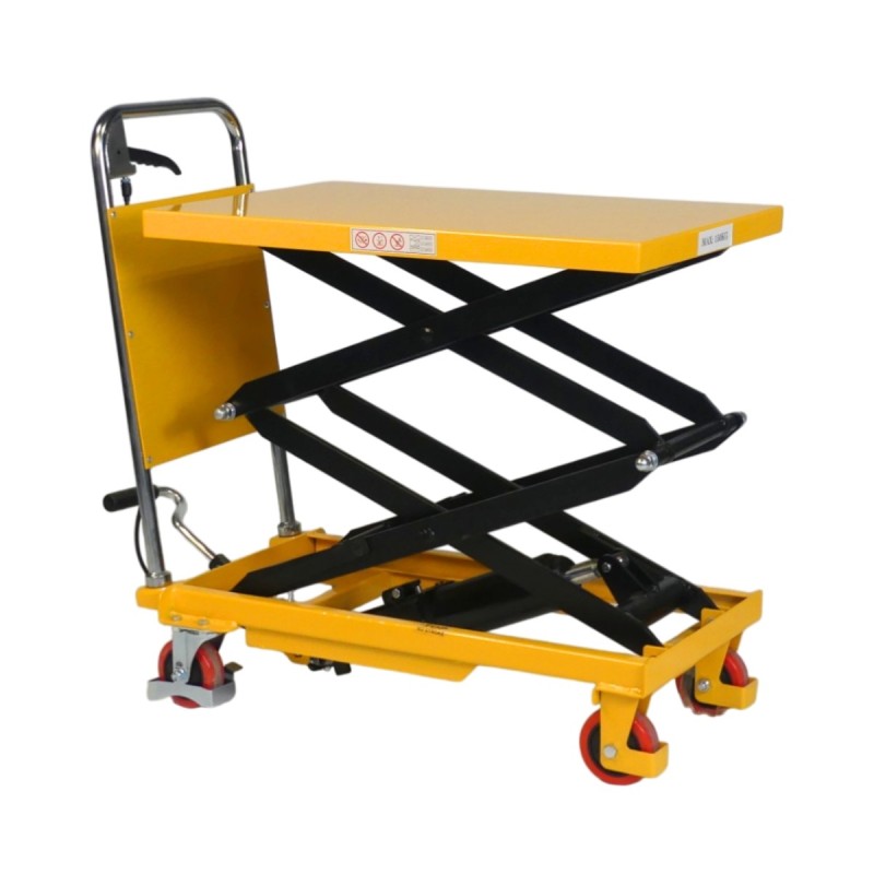 Vista 3/4 de la mesa elevadora de tijera doble 150 kg, plataforma 740 x 450 mm, elevación 1100 mm