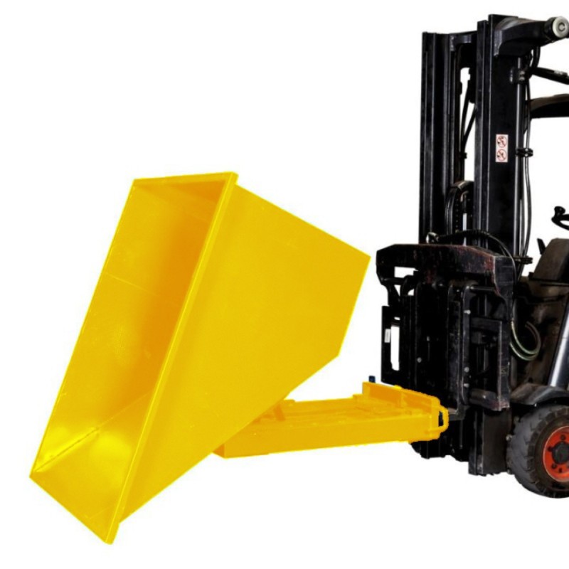 Tolva autobasculante 1100L amarillo en proceso de volcado